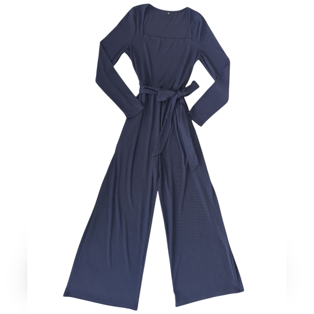 Women's Navy Blue Long Sleeve Square Neck Belted Wide Leg Jumpsuit (Size M) - Picture 4 of 8